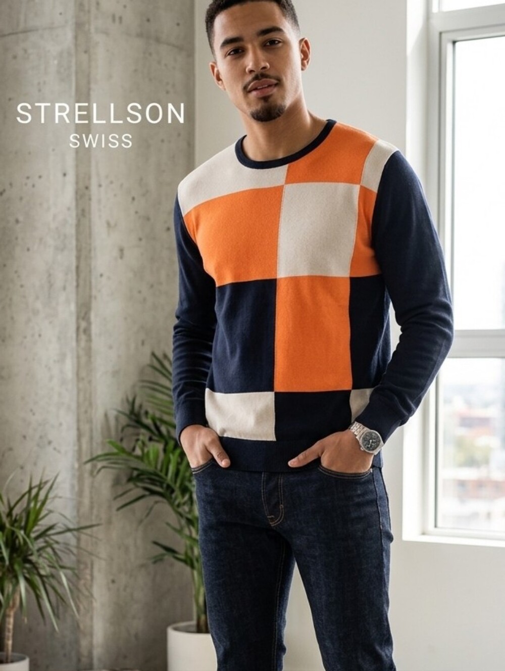 Strellson Swiss Designed Colorblock Crew Neck Sweater Navy Orange Cream